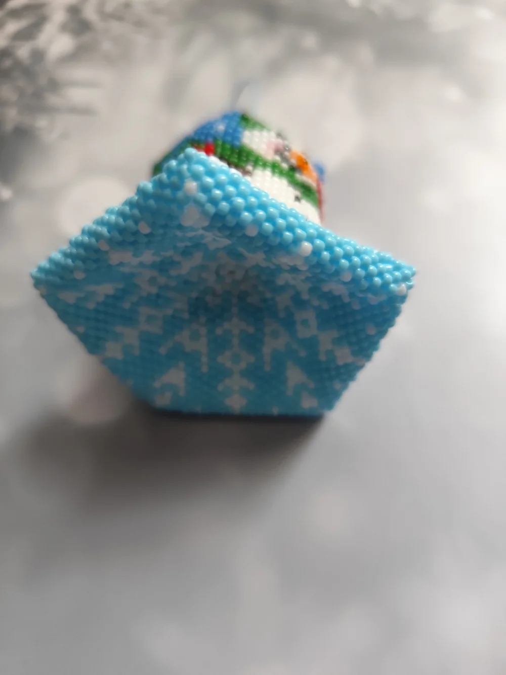 Handmade Blue Beaded Snowman Holiday Ornament